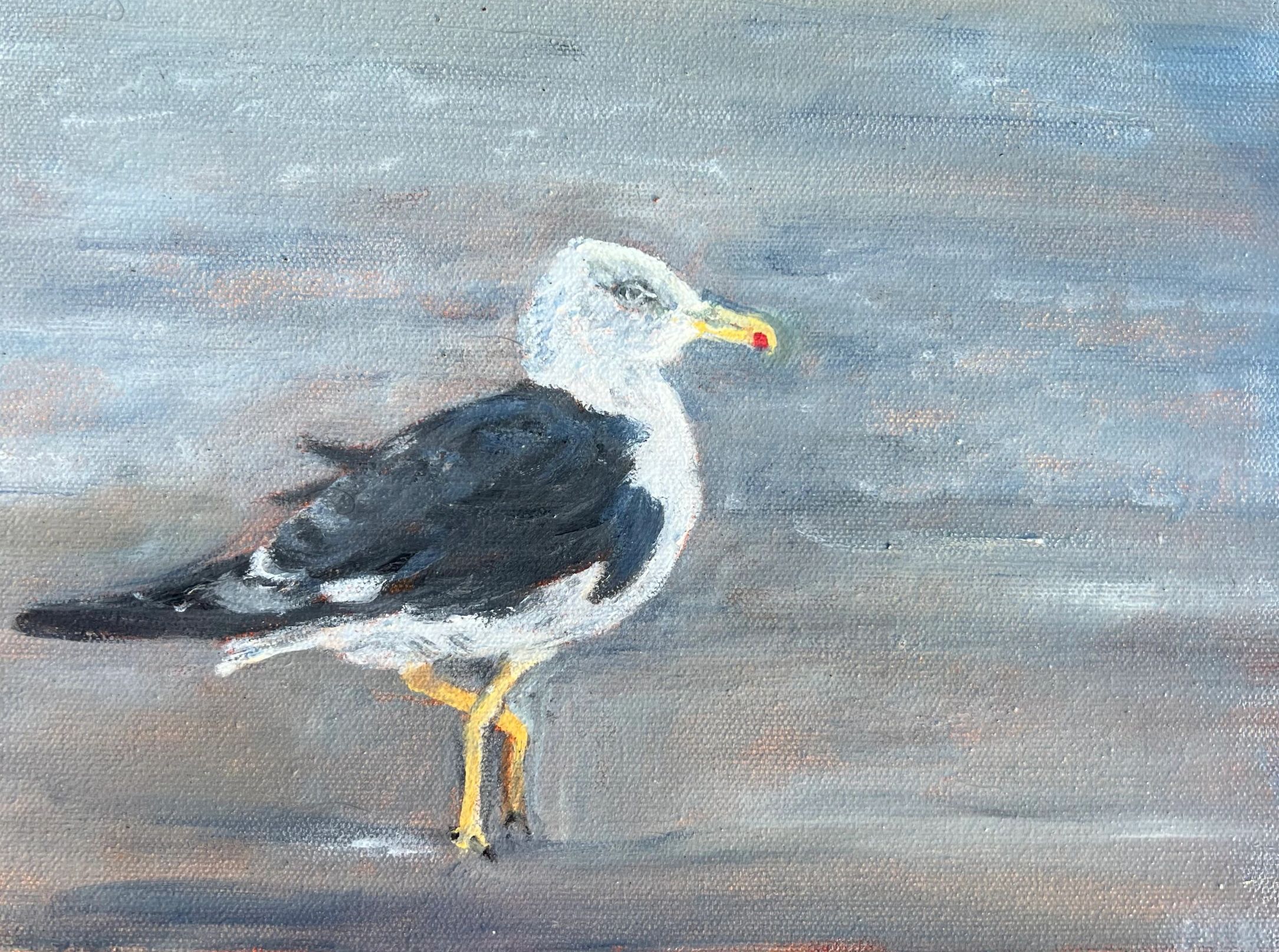 Painting of a seagull standing against a misty background.