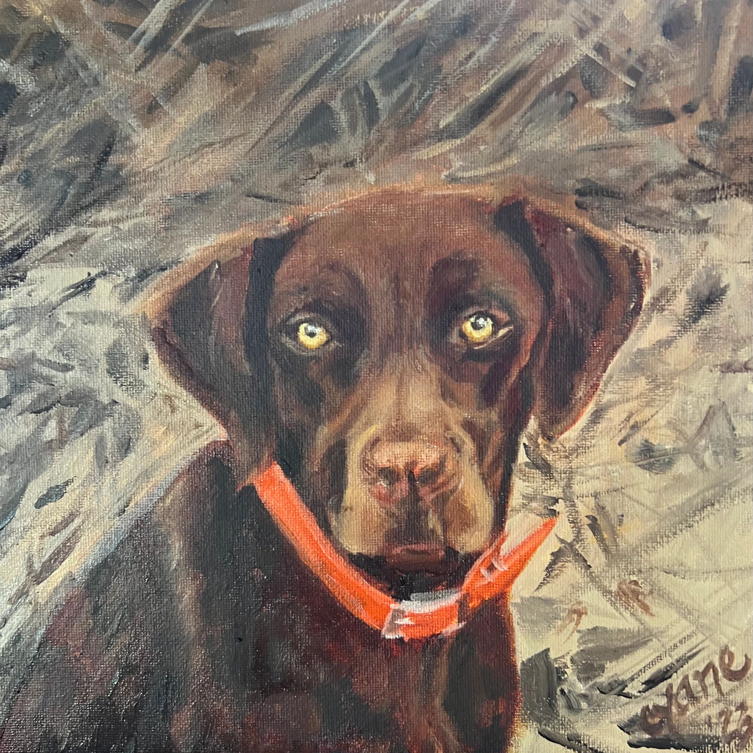 Painting of a black dog with yellow eyes and an orange collar.