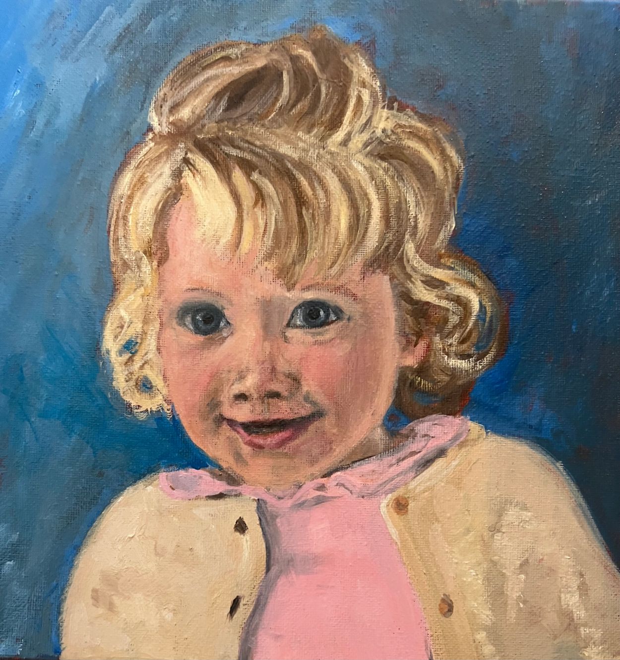 Painting of a smiling young girl with curly blonde hair.