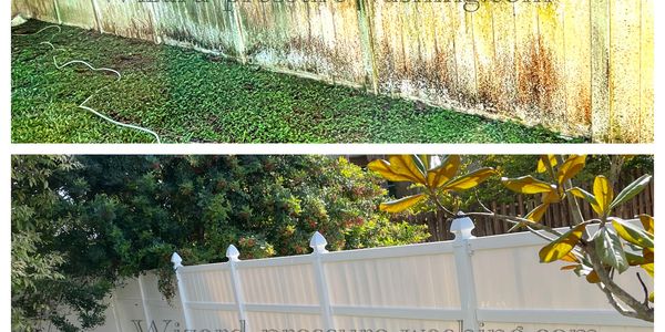 Before and after of fence cleaned by Wizard pressure washing