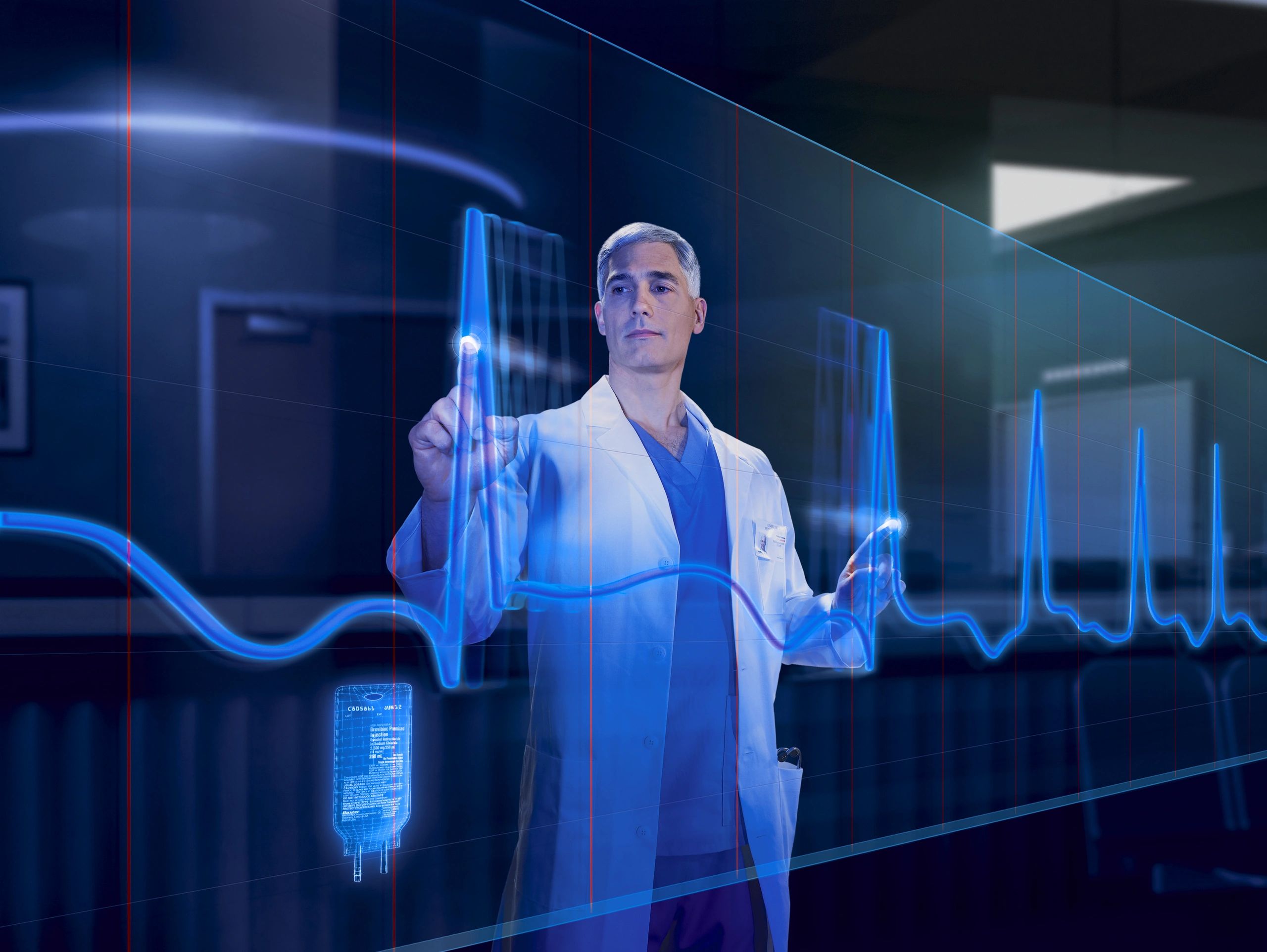 Doctor interacting with a high-tech digital ECG display.
