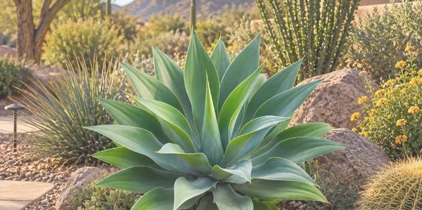 Large green agave plant in desert garden.