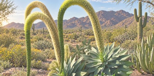 Tall, arching desert plants with a mountainous backdrop.