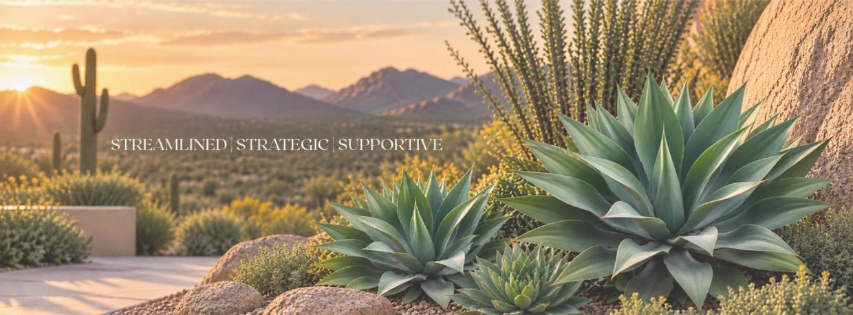 Desert plants at sunset with mountains.