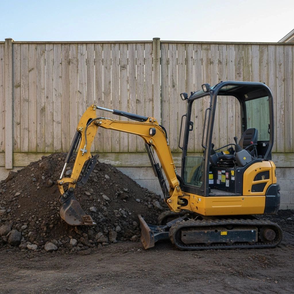 A small yellow excavator parked next to a dirt pile against a wooden fence.