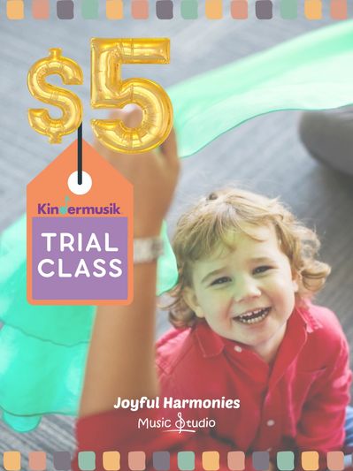 Smiling child enjoying music trial class offer.