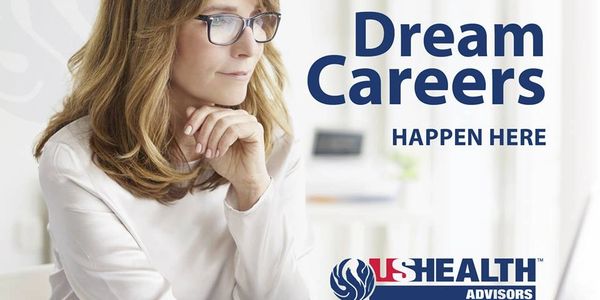 Woman contemplating next career move with text 'Dream Careers Happen Here'.