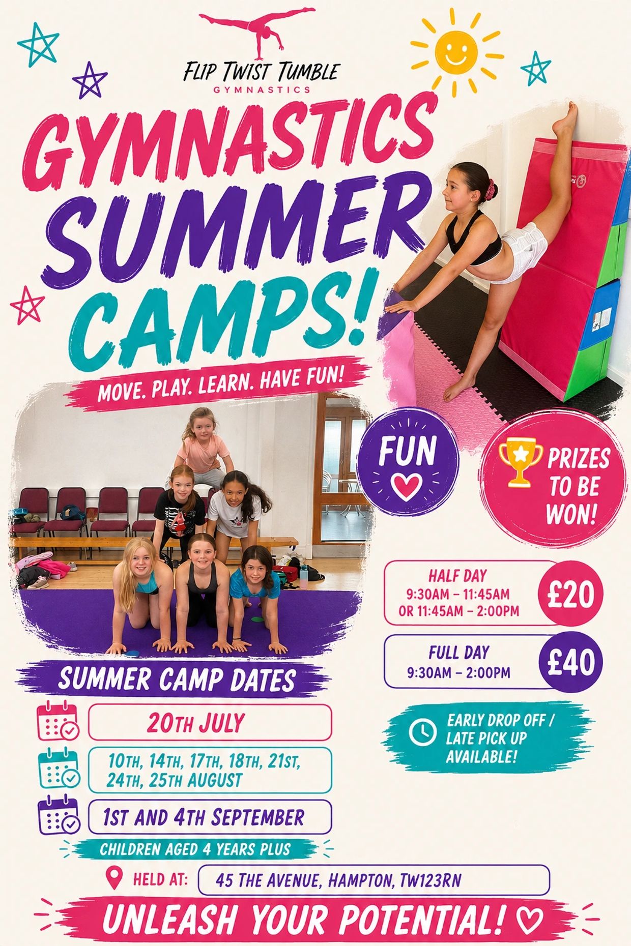 Colorful poster advertising a Gymnastics Summer Camp with dates, prices, and booking details.