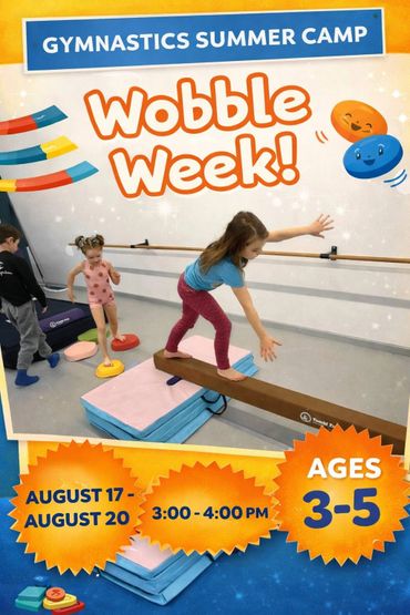 Kids enjoy balance activities at gymnastics summer camp, Wobble Week for ages 3-5.