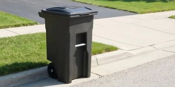 A black trash bin placed on a curb by the sidewalk.