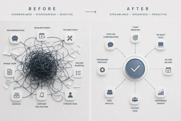 Comparison of chaotic vs. organized work processes before and after improvement.