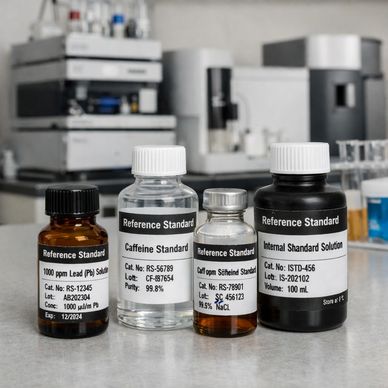 Various chemical reference standards in bottles on a lab bench.
