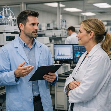 Two scientists discussing data in a lab.