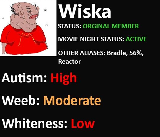 Profile card showing user Wiska with various attributes and statuses.