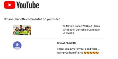 YouTube comment appreciating a dance workout video with love from France.