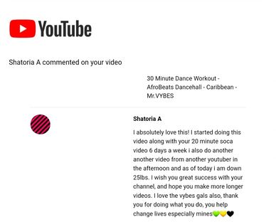 Screenshot of a positive YouTube comment praising workout videos and weight loss progress.