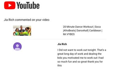Screenshot of a YouTube comment on a dance workout video expressing gratitude for motivation.