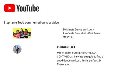 Screenshot of a positive YouTube comment praising a dance workout video.