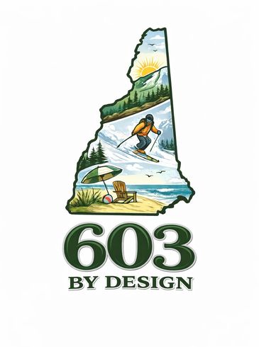 Illustration of New Hampshire with outdoor scenes and "603 By Design" text.