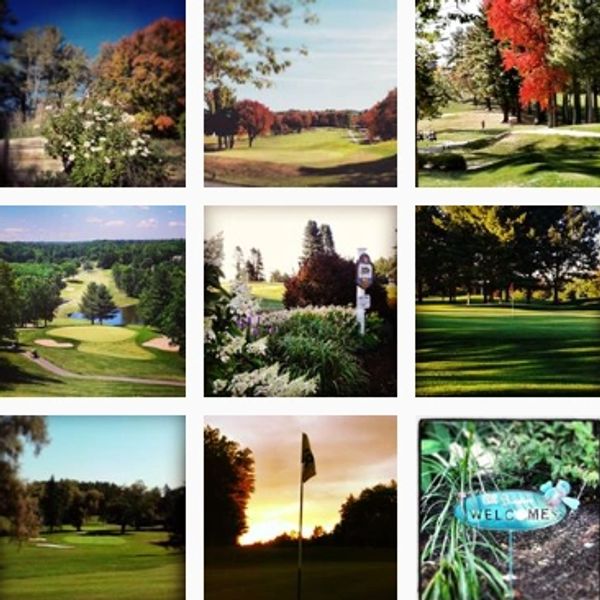 A collage of serene golf course scenes and a welcome sign in nature.