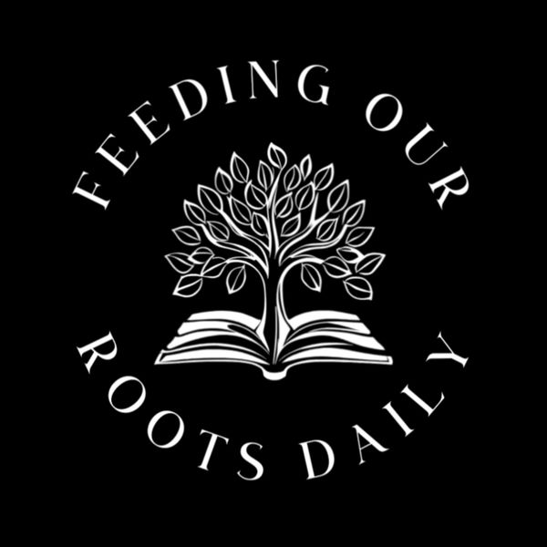 A tree growing from an open book with the text 'Feeding Our Roots Daily' around it.