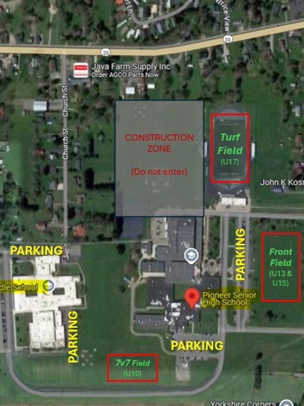 Map showing fields, parking, and a construction zone near Pioneer Senior High School.