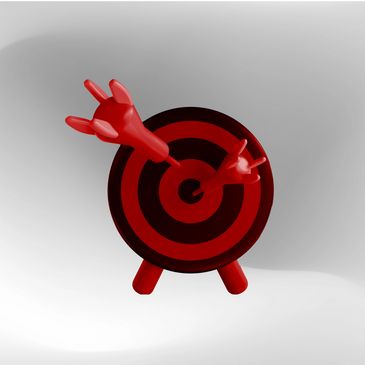 Red and black target with two darts stuck in it.