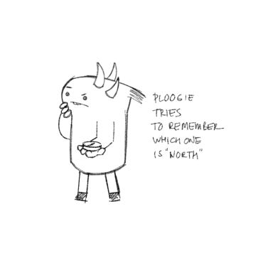 Cartoon creature puzzled about direction, holding a compass.