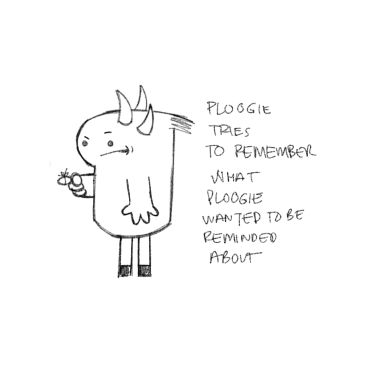 A small creature named Ploogie holding a flower, trying to remember something important.