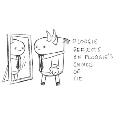 Cartoon character Ploogie examines his tie in the mirror.