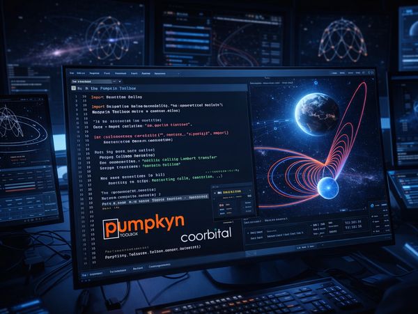 Computer screen showing space-themed code and orbital simulation visuals.