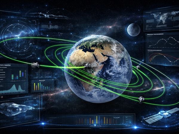 Visualization of Earth with satellites orbiting and data overlays in space.