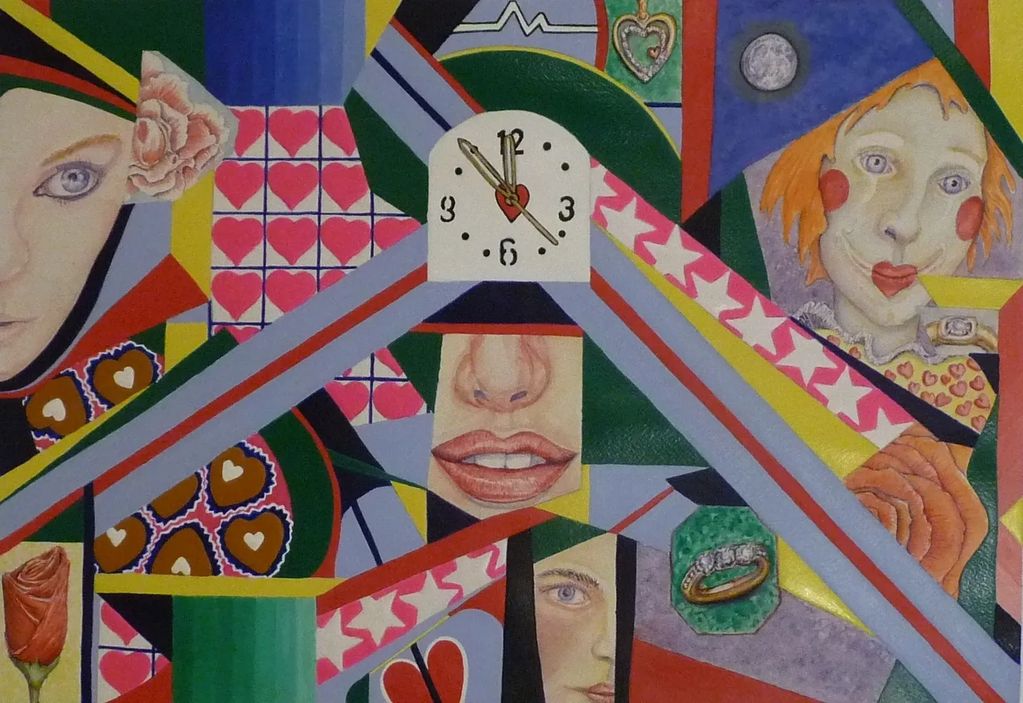 Abstract painting with faces, hearts, clock, and flowers in geometric shapes.
