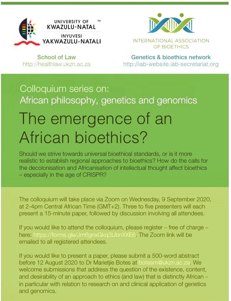 Colloquium on African bioethics, genetics, and genomics hosted by University of KwaZulu-Natal via Zoom.