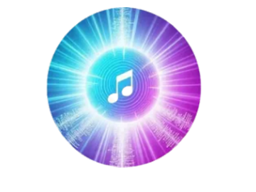 Bright circular music icon with blue and purple glow and a white musical note.