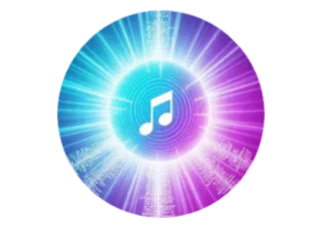 Vibrant circular music icon with blue, teal, and violet glow and a white musical note.