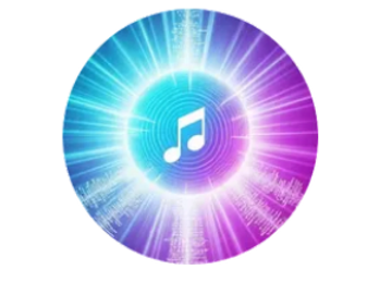 Circular glowing music icon in teal and purple tones with a white musical note.