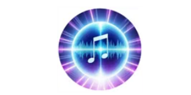 Glowing circular music icon with a white musical note in the center.