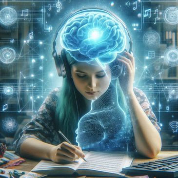 Woman wearing headphones writing in a notebook with a glowing brain graphic above her.