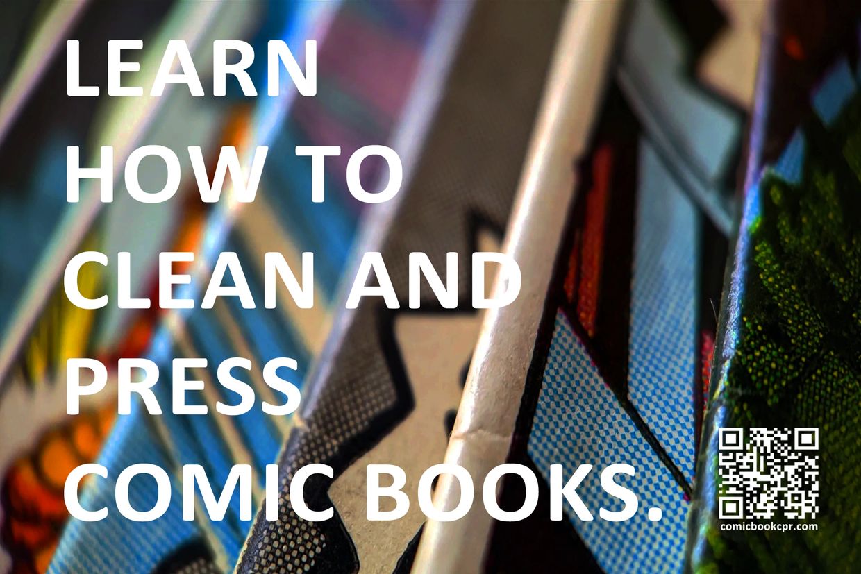 Close-up of comic books with text about cleaning and pressing them.