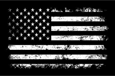 Grunge-style black and white American flag with distressed texture.