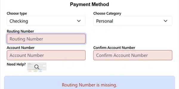 Payment method form with missing routing number error.