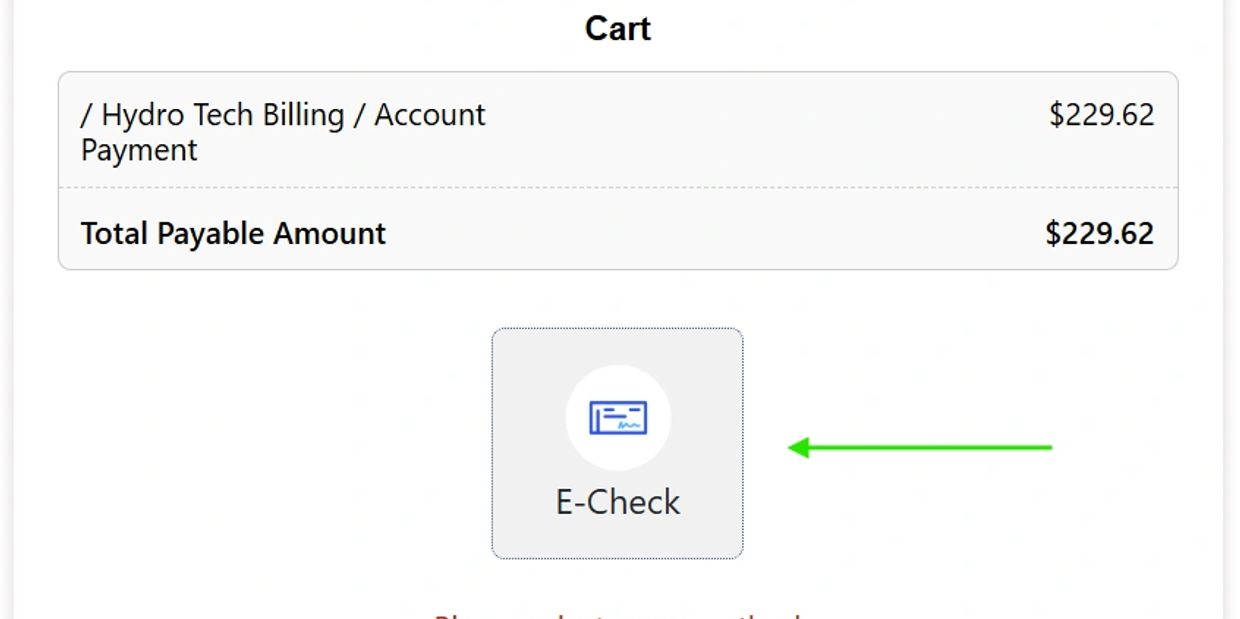 Cart showing Hydro Tech Billing payment of $229.62 with E-Check option.