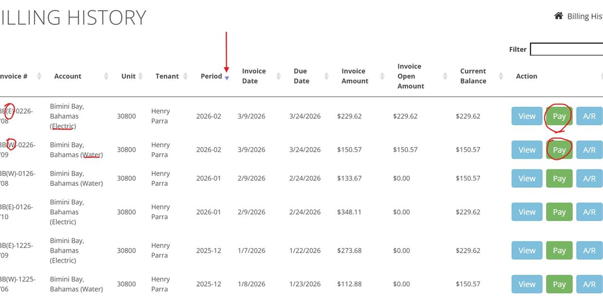 Billing history table with payment options and tenant details.