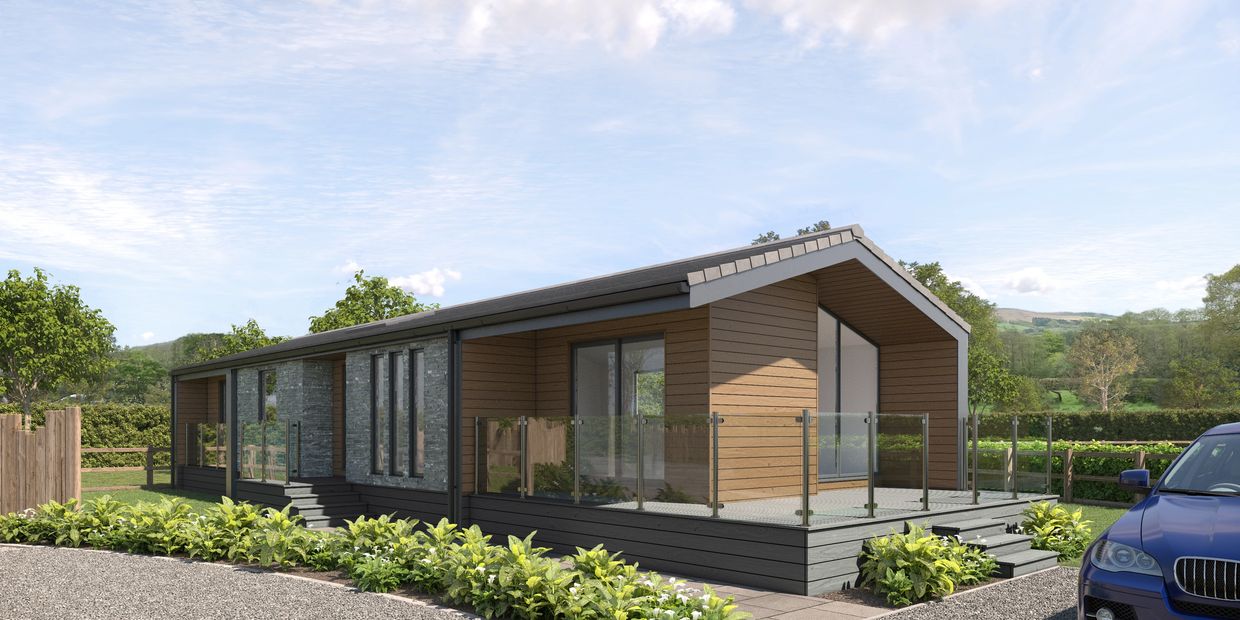 Modern single-story house with wood and stone exterior.