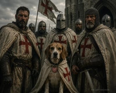 Knights in armor with Lucy wearing a crusader cape.
