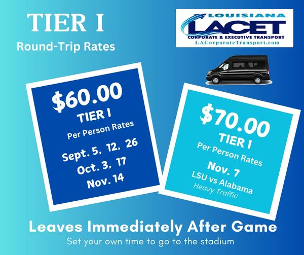 LA Corporate & Executive Transport
LSU Game Day Transportation Shuttle 
Book your reservation today!