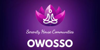 Logo of Serenity House Communities Owosso with a lotus design.