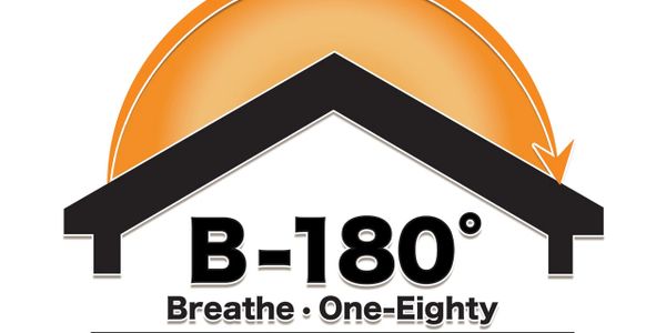Logo of B-180° with an orange curved arrow and house roof design.