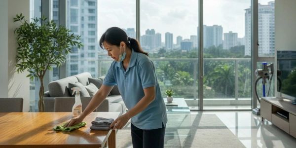 Woman cleaning table in modern apartment.